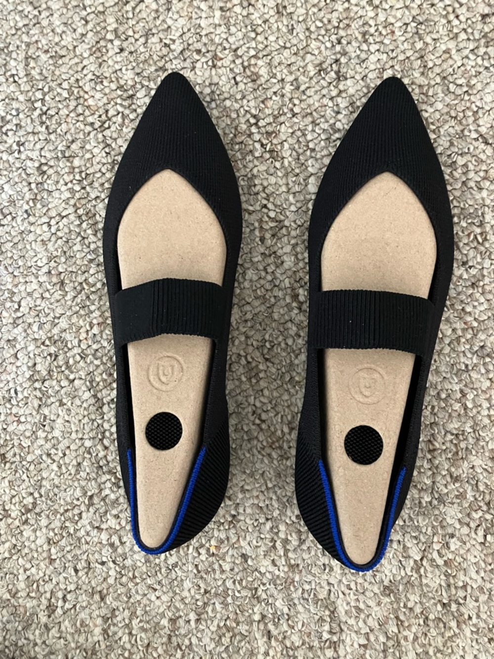 Rothy's Black Pointed-Toe Flats with Blue Trim